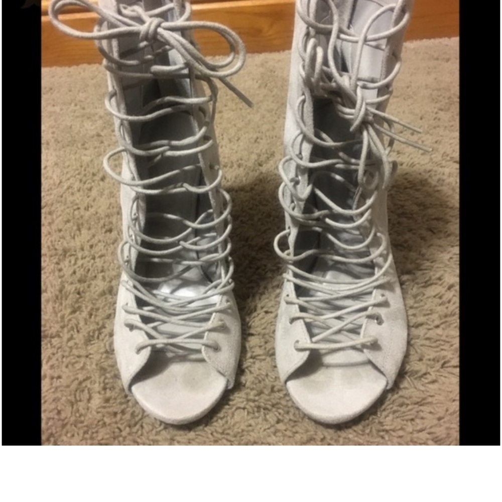 Lace-Up Peep Toe Gladiator Heels in Light Gray